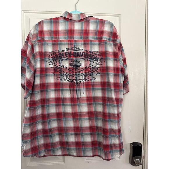 Harley Davidson Men's Red Plaid Short Sleeve Button Down Shirt 2XL - Picture 6 of 8